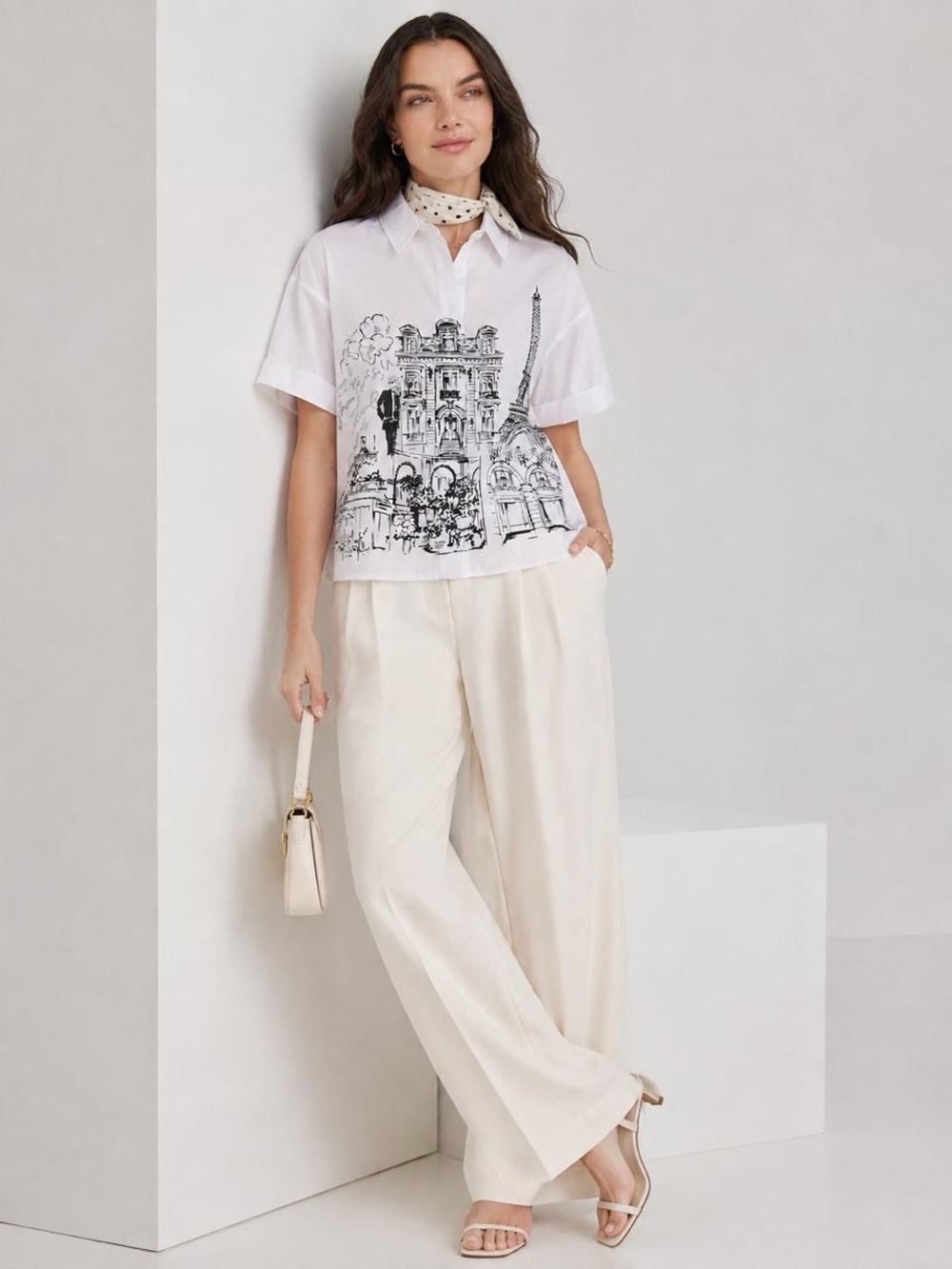 Karl Lagerfeld Paris Women Crop Shirt White Eiffel Tower Graphic Size L NWT